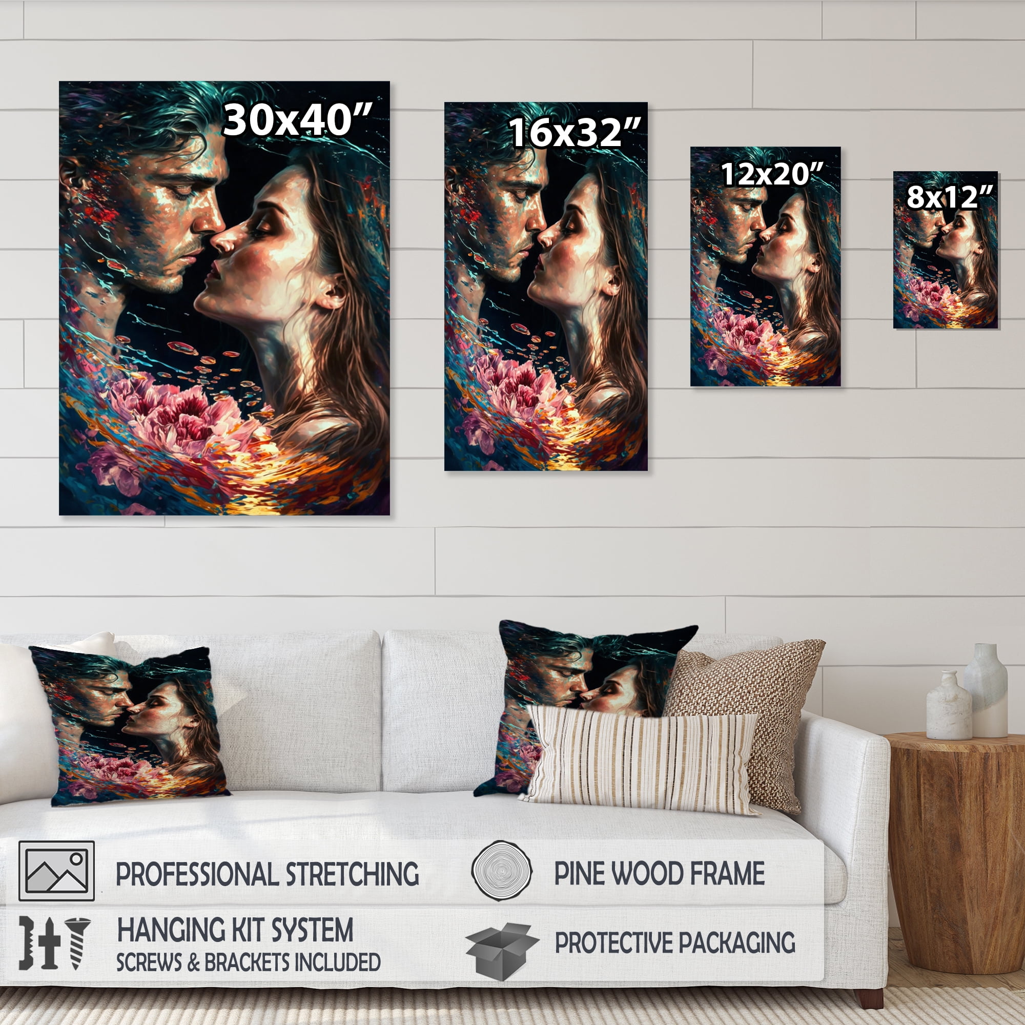 Designart Loving Couple Kissing Floral Design II Canvas Wall Art