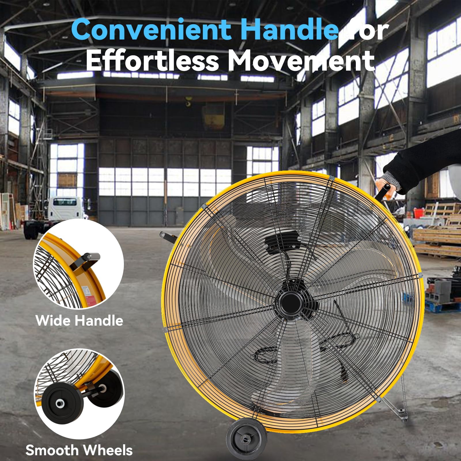 Fanqiebros Pro 30 Inch Heavy Duty Industrial Drum Fan, 14000 CFM High Velocity Metal Floor Fan with 3 Speeds, 5-Inch Solid Wheels for Warehouse, Workshop & Garage - UL Listed