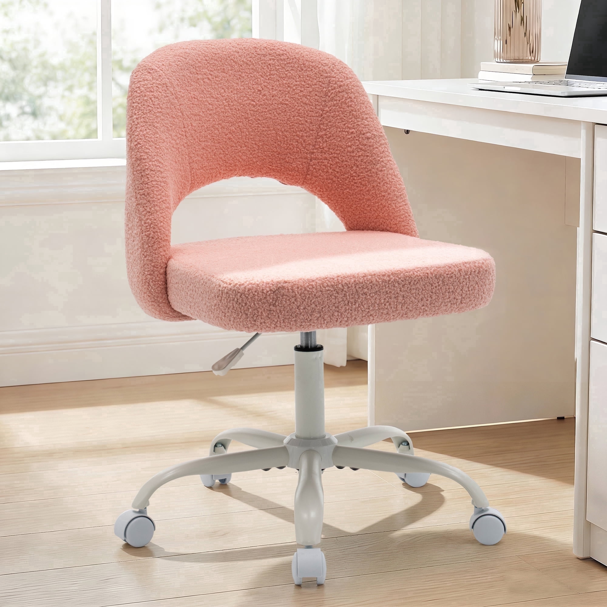 ENYLAY Pink Fluffy Teddy Fleece Vanity Chair, Height Adjustable 360° Swivel Rolling Desk Chair, Ergonomic Upholstered Makeup Chair, Modern Cute Accent Chair for Bedroom Home Office Vanity Room