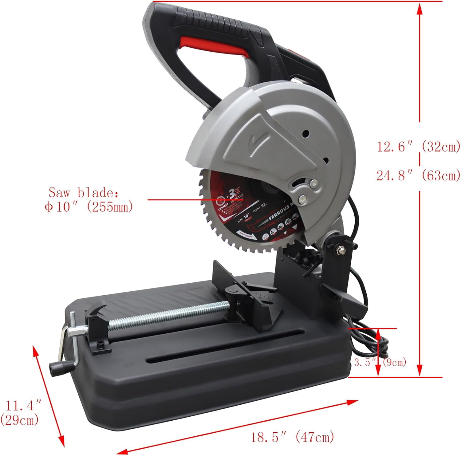 10" Steel Rebar Round Steel Metal Cold Cut Saw 0-45˚ Adjustable Miter Range Rebar Cutting Saw Machine