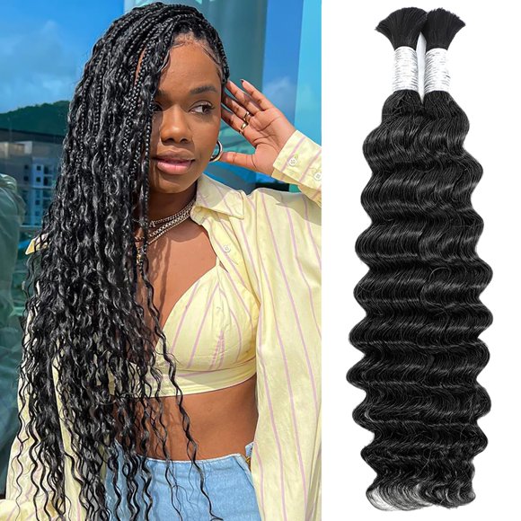 28 Inch Human Braiding Hair For Boho Braids 100g Water Wave Human Hair Deep Wave Bulk 100% Human Hair For Braiding Bohemian Micro Braids No Weft 2 Bundles Curly Human Hair (1B#-Deep, 28 Inch-100g)