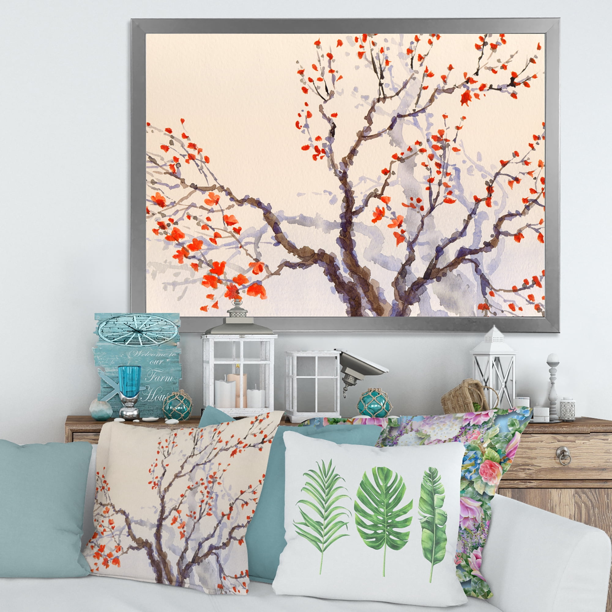 Buds and Red Flowers On The Spring Blossoming Tree 20 in x 12 in Framed Painting Canvas Art Print, by Designart