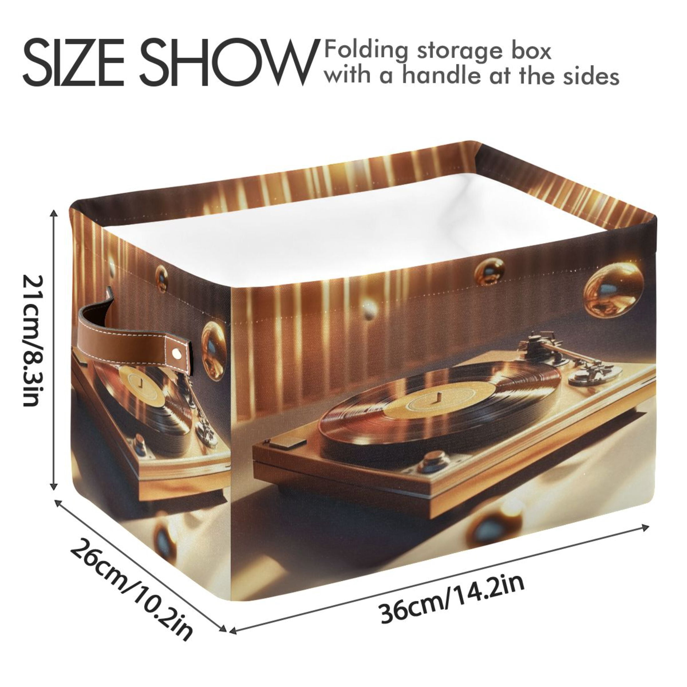 Vinyl Record Player Pattern Foldable Storage Basket,Canvas Fabric Foldable Storage Bins with Handles Open Home Storage Bins Boxes for Toy Book Shelf Closet Baskets