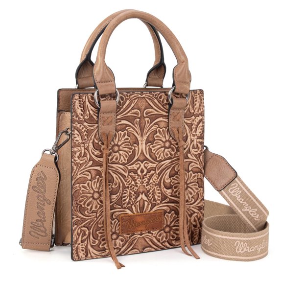 Wrangler Embossed Crossbody Bag for Women Top Handle Fringe Handbags and Western Mini Tote, Khahi