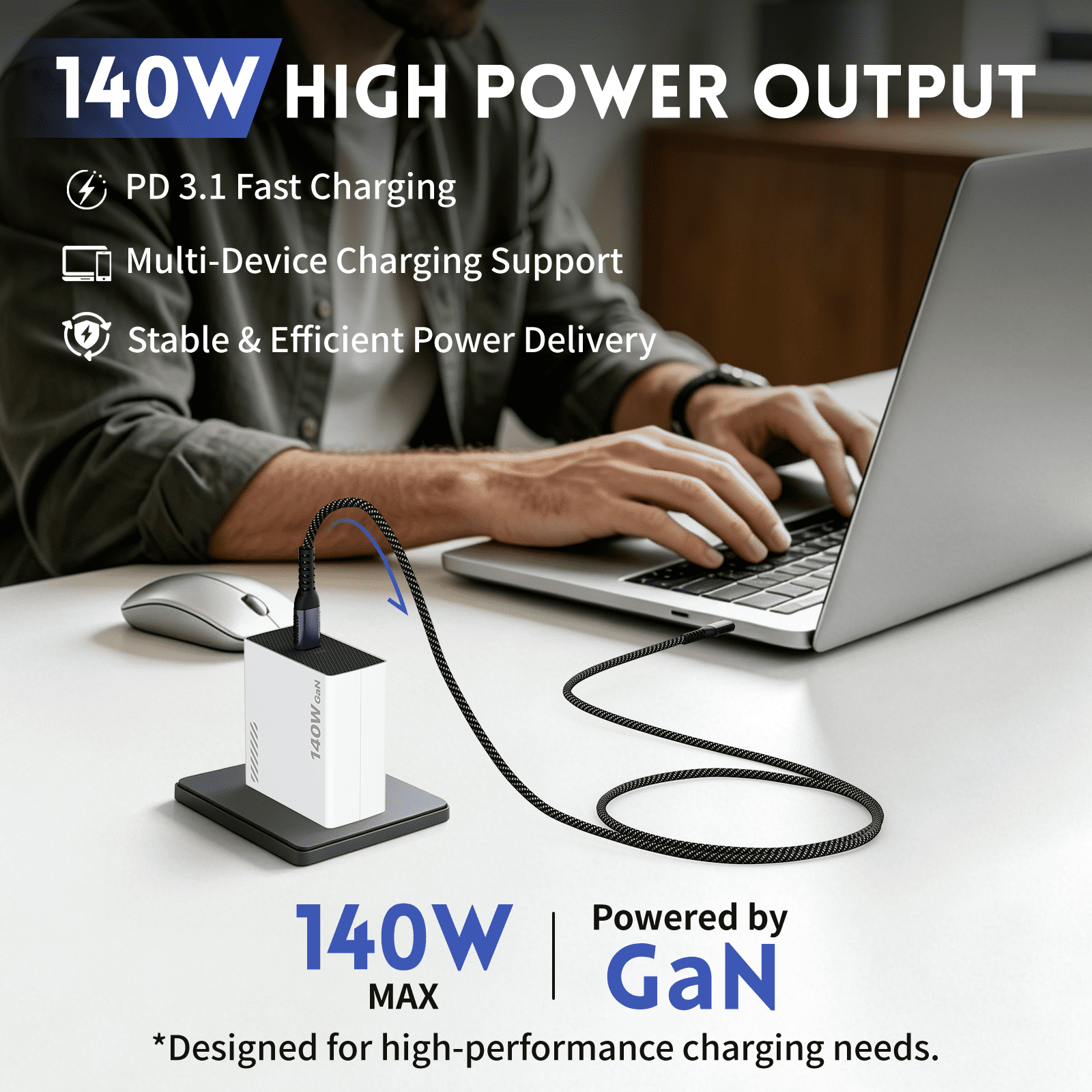 Kzreect 140W GaN PD3.1 Type-C Super Fast Charger, 3.28FT Cable Included, Wall Charger for Android, iPad, Samsung, Android, DJI Drones & More