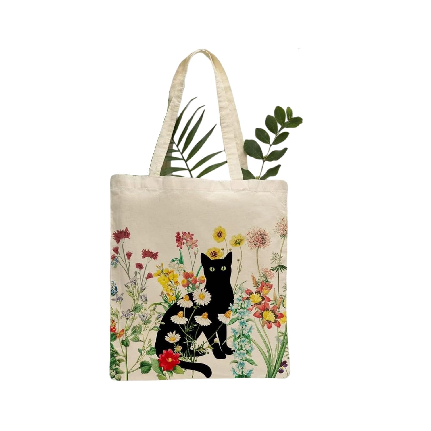 Black Cat Canvas Tote Bag with Zipper Pockets Vintage Flowers Cute Tote Bag Aesthetic Reusable Shopping Grocery Bags Birthday Gifts for Women
