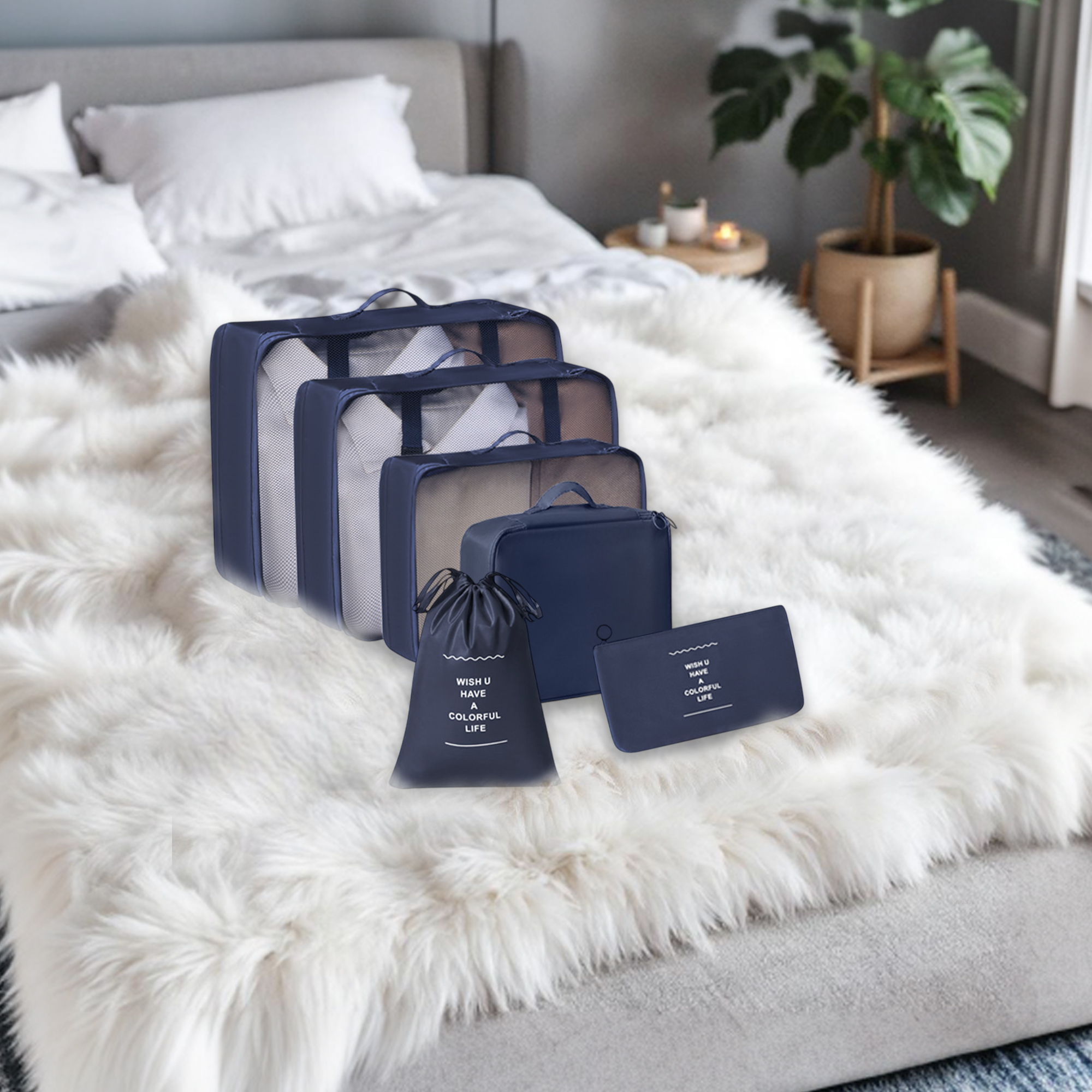 Unique Bargains Portable Packing Cube Set with 6 Different Sized Bags Navy Blue