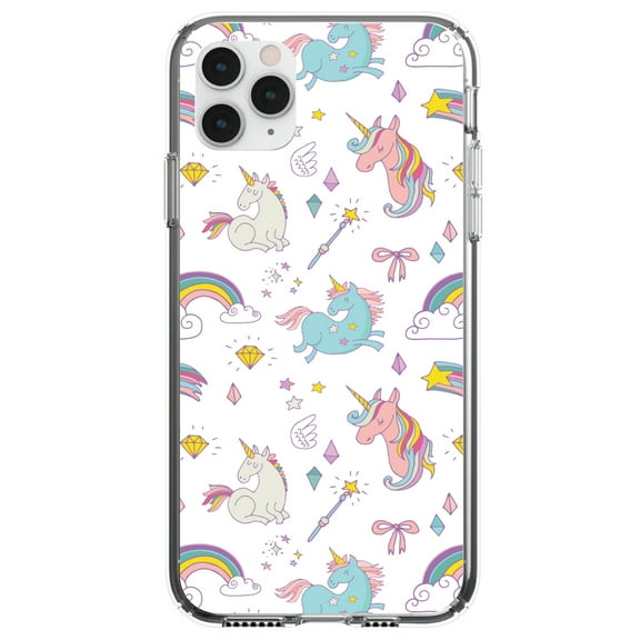 DistinctInk Clear Shockproof Hybrid Case for iPhone 13 PRO (6.1" Screen) - TPU Bumper, Acrylic Back, Tempered Glass Screen Protector - Unicorn Rainbow Wand Pattern - White