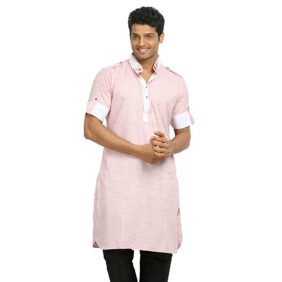 Saris and Things Light Pink Cotton Fabric Pathani Kurta for Men. This product is custom made to order.