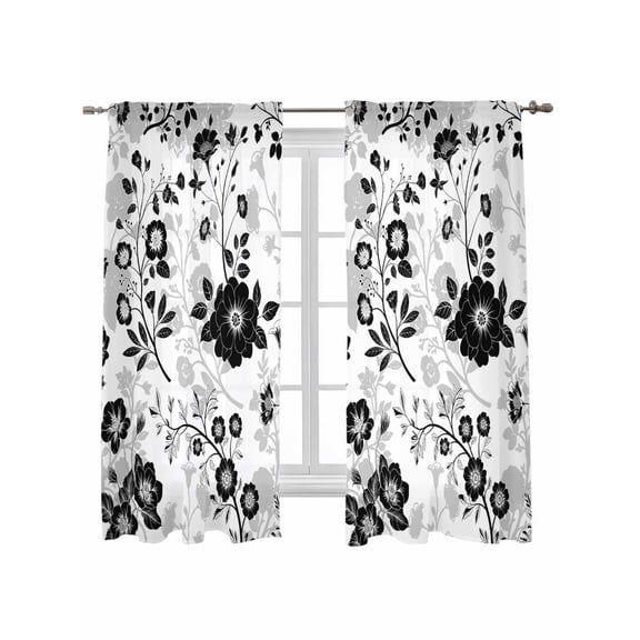 Vintage Flowers Curtains 72 Inch Length, Sheer Curtains for Bedroom Living Room Window Black White Farmhouse Floral Plants Rod Pocket Voile Drapes Kitchen Curtains Small Half Window 52"x72" 2 Panels