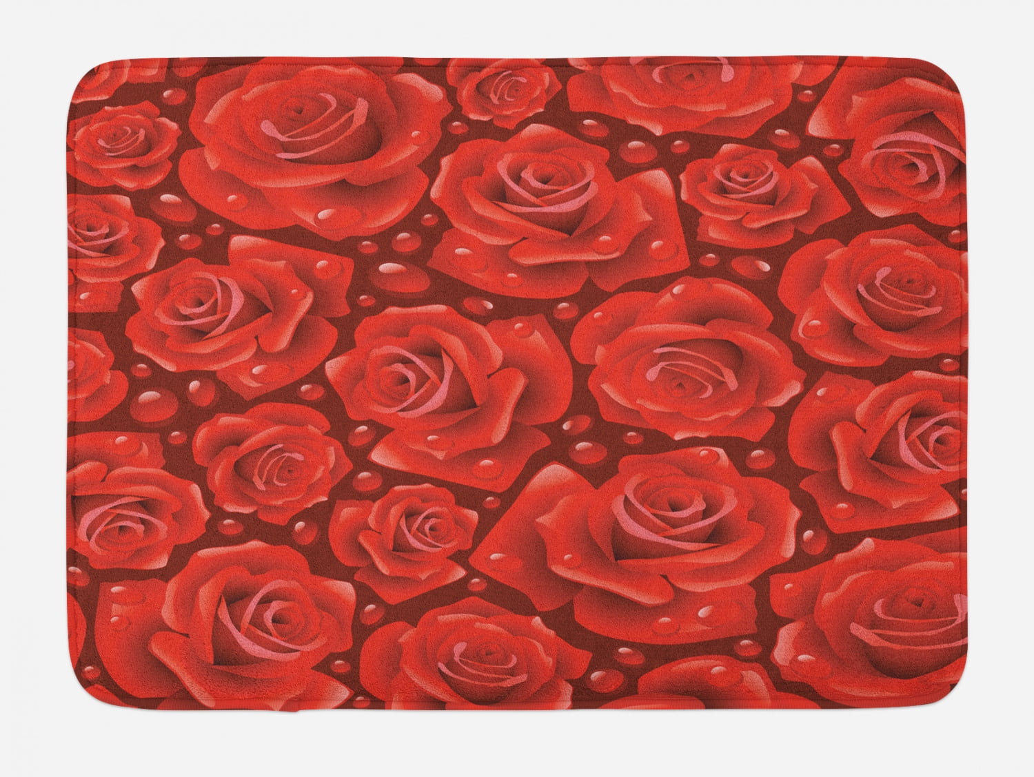 Rose Mat Rose Bath Mat, Vivid Red Roses Rain Water Drops Graphic Dewy Meadows ...