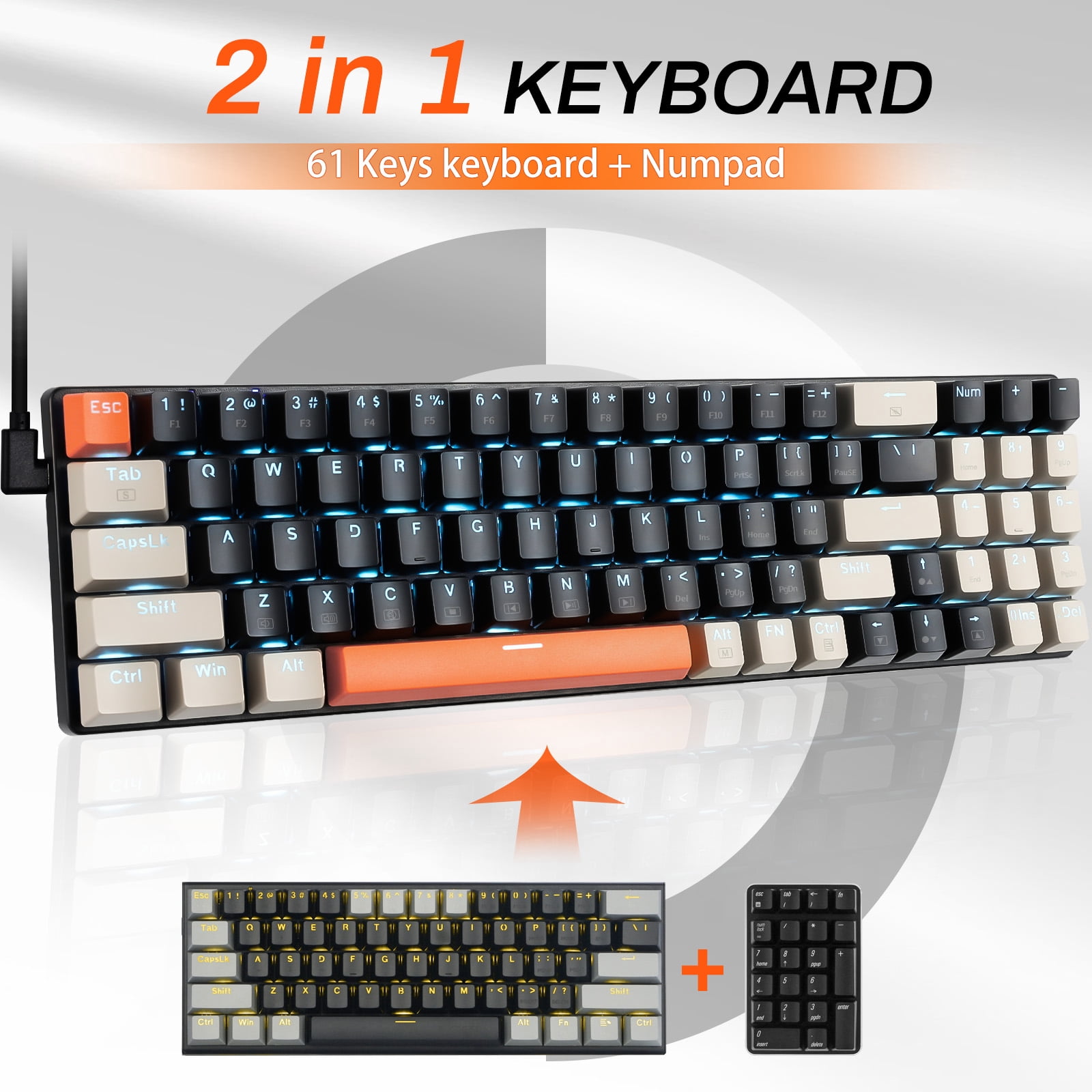 HUO JI USB Mechanical Keyboard Wired with Number Pad, Led Backlit, Blue Switch, Compact 78 Keys for PC/Computer/Laptop Gaming and Office, Black/Grey