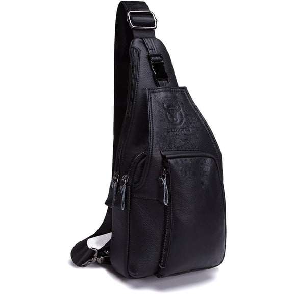 BULLCAPTAIN Genuine Leather Sling Crossbody Chest Bag with Adjustable Strap, Black