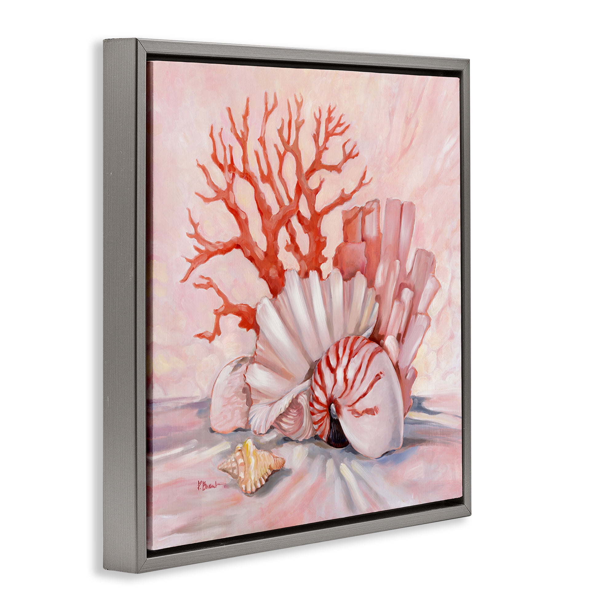 Stupell Industries Pink Coral Still Life Animals & Insects Painting Gray Floater Framed Canvas Art Print Wall Art, 18 x 18