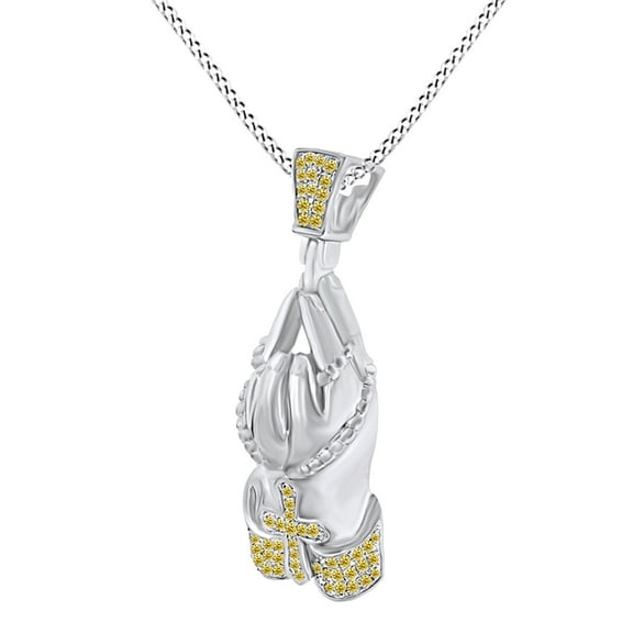 AFFY Round Yellow Natural Diamond Praying Hands 10k Solid White Gold Pendant Necklace (0.30 Cttw)