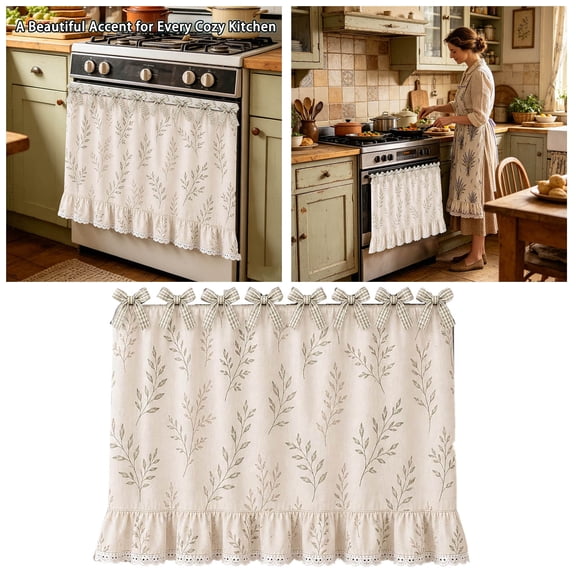 Farmhouse Kitchen Stove Curtain, Ruffled Lace Trim Stove Cover Curtain with Floral Prints, Decorative Oven Door Curtain for Vintage Kitchen Decor(22*31")