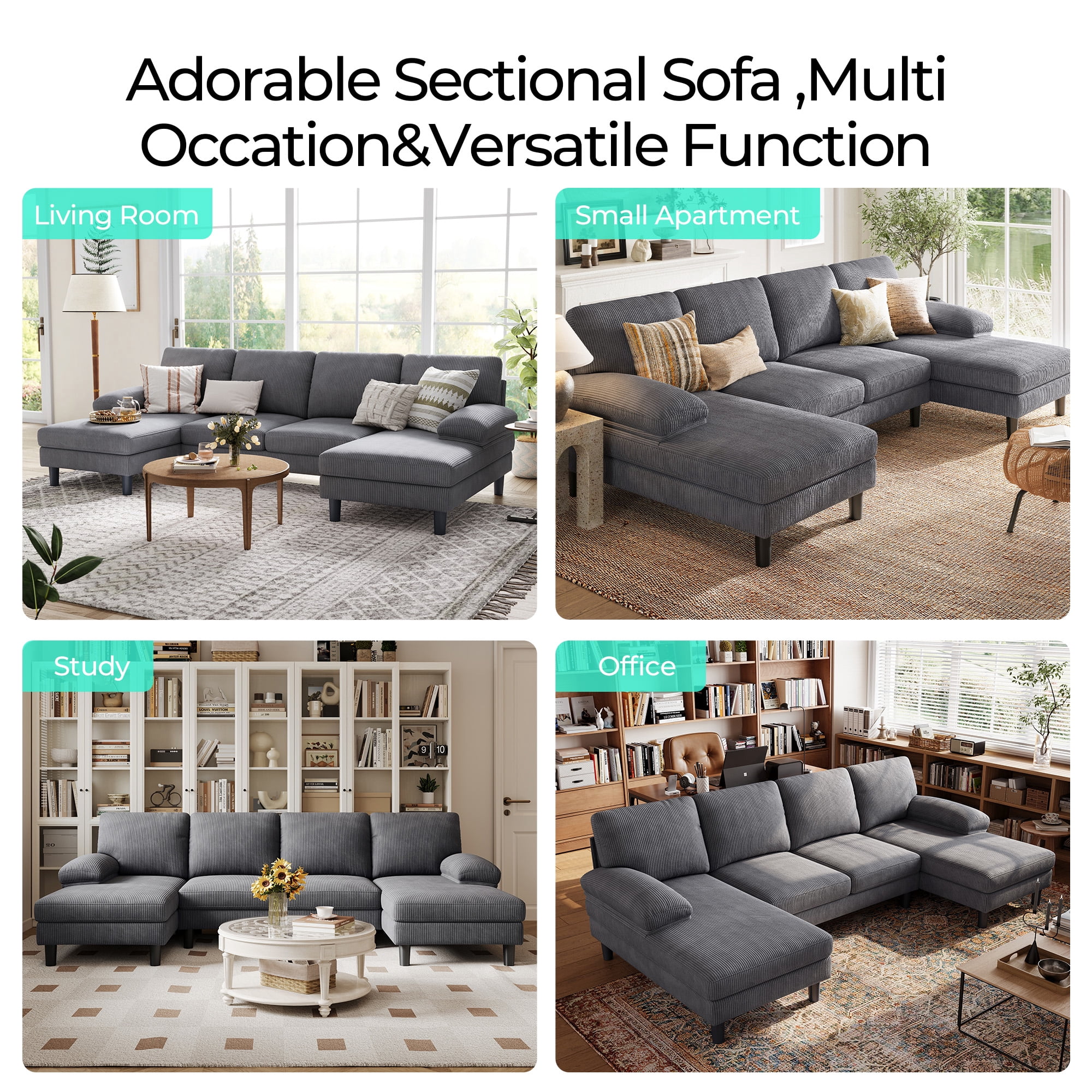 Linsy Home Sectional Sofa for Living Room, U-Shaped Sofa Couch with Corduroy Fabric, 4 Seat Sofa with Double Chaise for Apartment, Dark Gray
