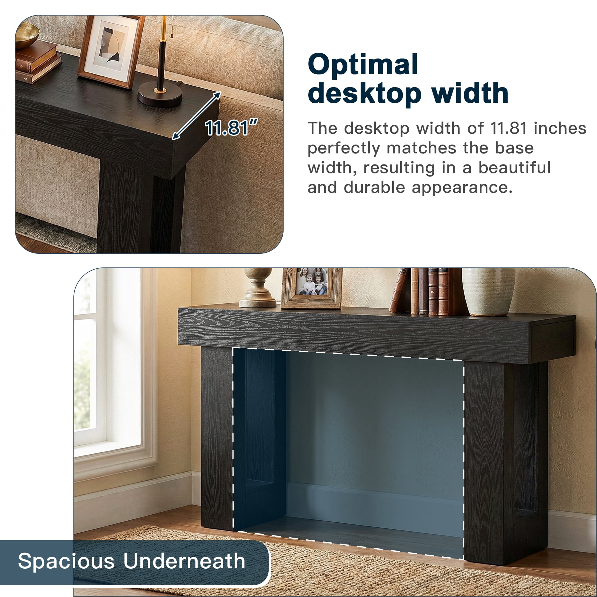 Demi Bonn 63" Console Table, Farmhouse Wooden Sofa Table Entryway Table for Hallway, Entrance, Living Room, Bedroom, Black