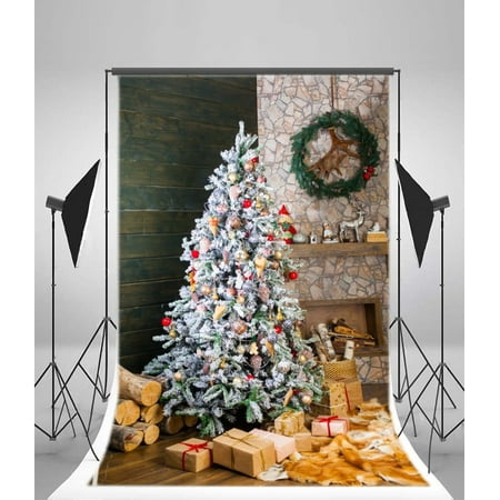 Image of GreenDecor Christmas Backdrop Decoration 5x7ft Photography Backdrop Christmas Tree Wood Piles Fireplace Garland Gifts Wooden Wall Festival Celebration