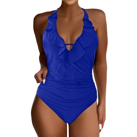 Biziza Backless One Piece Swimsuit for Women Trendy with Built in Bra Blue Padded Basic Tummy Control Swimsuits 2025 V Neck Spandex Solid Color Bathing Suits
