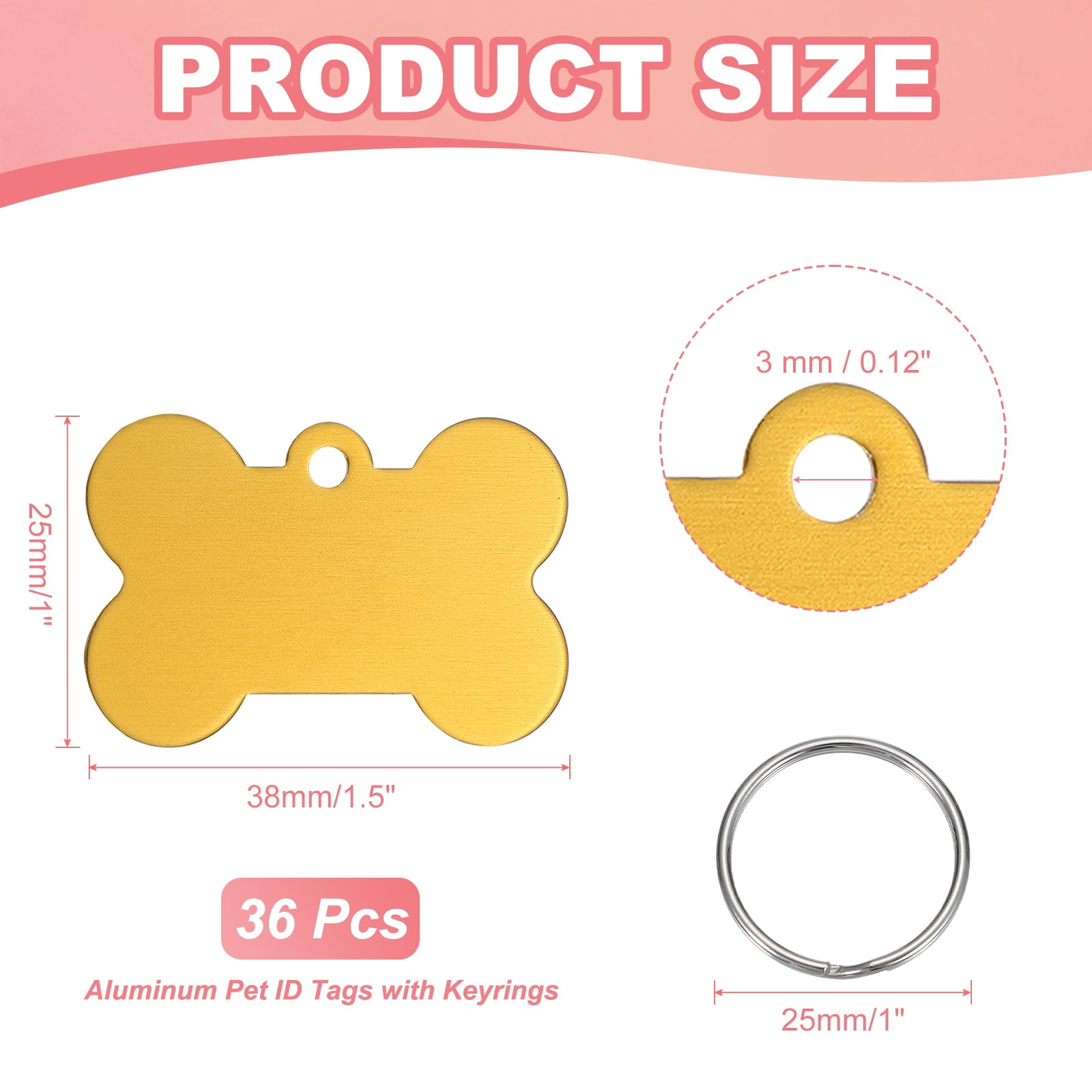 Pet ID Tags, Personalized Dog Cat Tag Aluminum Bone Shape Engraved Blank with Key Ring 38x25mm (Yellow, 36 Pcs)