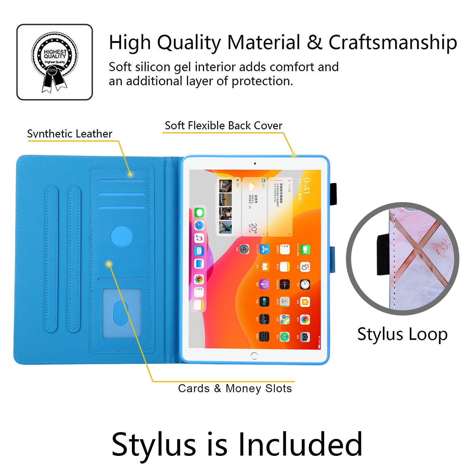 iPad 9.7 6th 5th Case, iPad 9.7 Case with Pencil Holder, Allytech PU Leather Slim Shockproof Auto Sleep Wake Kickstand TPU Back Cover Casef for Apple iPad 9.7 2018/2017, iPad Air 1 2,Pink Marble