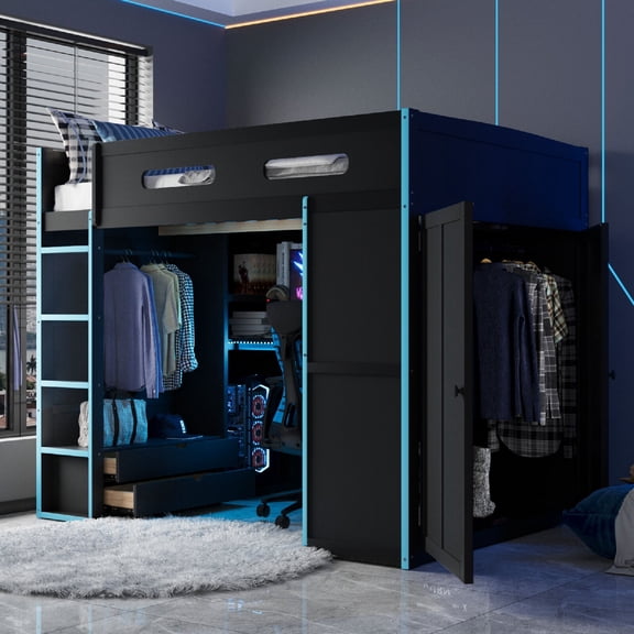 Full Size Loft Bed Frame with Desk and USB Charging Station, RGB Light Gaming Wood Loft with Wardrobe and Ample Storage Space for Bedroom, Apartment, Dorm, Mattress Not Included, Blue