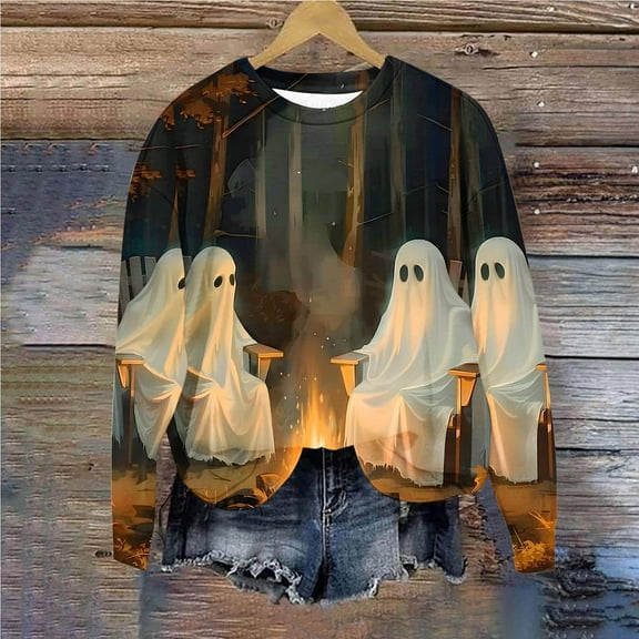 Jsaierl Halloween Sweatshirts Women Plus Size Pumpkin Ghost Graphic Sweatshirt Stretch Crewneck T-shirt Long Sleeve Dressy Casual Pullover Tops Halloween Gifts