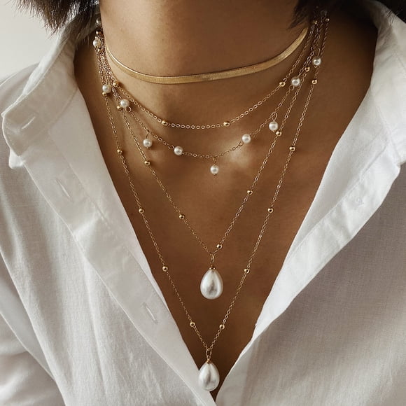 Dvkptbk Pearl Necklace Metal Multilayer Rice Beads Pearl Necklace Ladies Jewelry Gift Jewelry