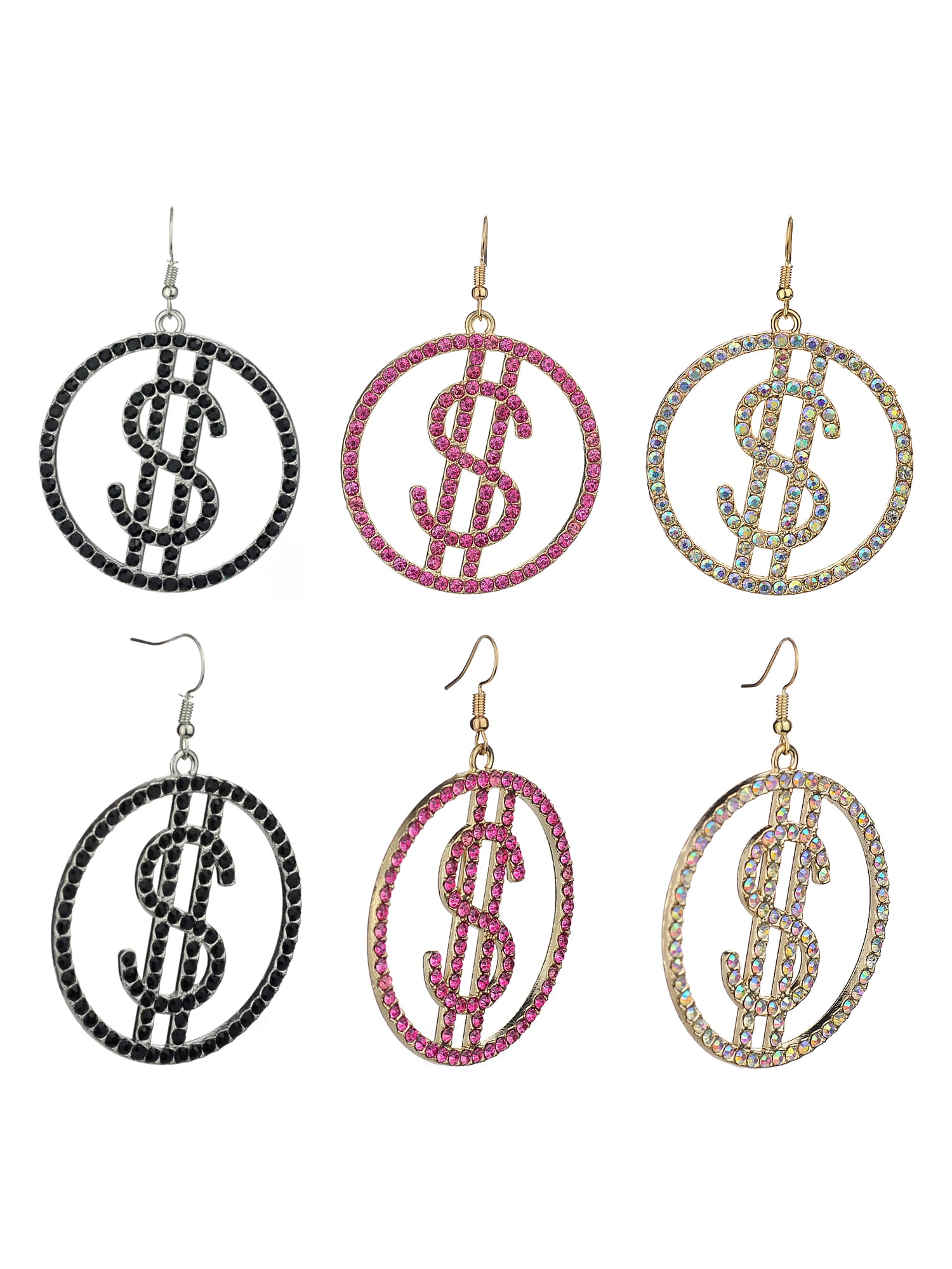 Women S Stone Stud Encircled Dollar Sign Money Symbol Dangle Pierced Women S Stone Stud Encircled Dollar Sign Money Symbol Dangle Pierced Earrings Set Black Pink Aurora Borealis
