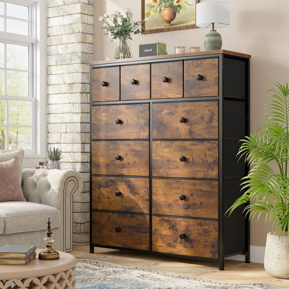 EnHomee Fabric Dresser for Bedroom with 12 Drawers Dresser Bedroom Furniture Large Dresser Tall Chest of Drawers with Wood Top & Metal Frame for Living Room Closet, Rustic Brown