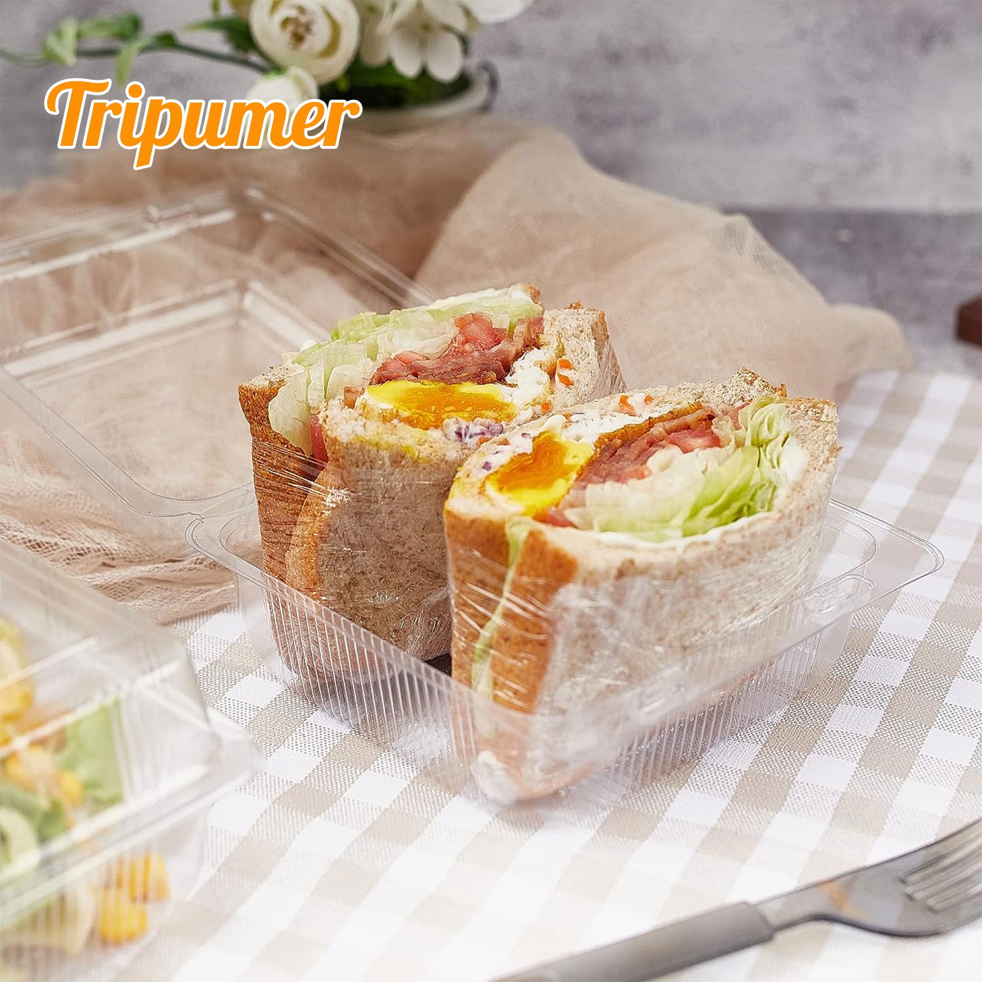 Tripumer 100 PCS Clear Plastic Food Containers Square Hinged Takeaway Containers Disposable Cake Containers with Lids Stackable Lunch Boxes Suitable for Salads Pasta Sandwiches Cookies