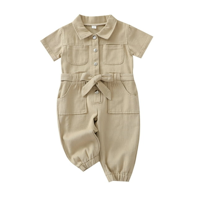 WEIYLL Girls Rompers Short Sleeve Solid Color Jeans Outwear Pocket Summer Button Down Collar Khaki Toddler Overalls for 3-4 Years