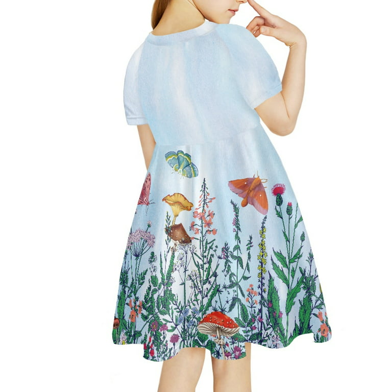 NETILGEN Moth Mushrooms Plant Pattern Kid Dresses Stylish Casual Toddler  Sundress Spring Girls Dress Apparel for Daily Life for 13-14 Years 