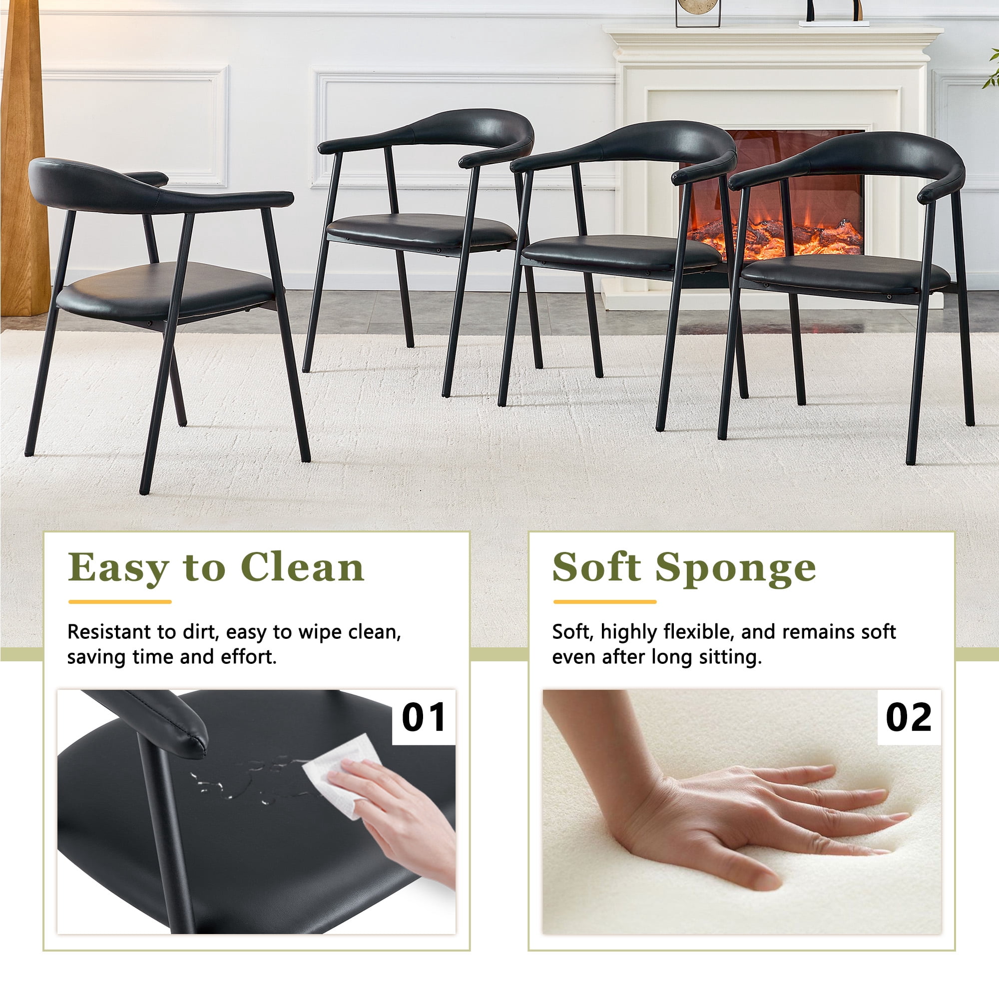 Leumius Dining Chairs Set of 4,PU Leather Dining Room Chairs with Cushion Seat and Metal Legs,Modern Minimalist Style Kitchen Chairs for Kitchen Living Room,Easy Assembly,Black PU
