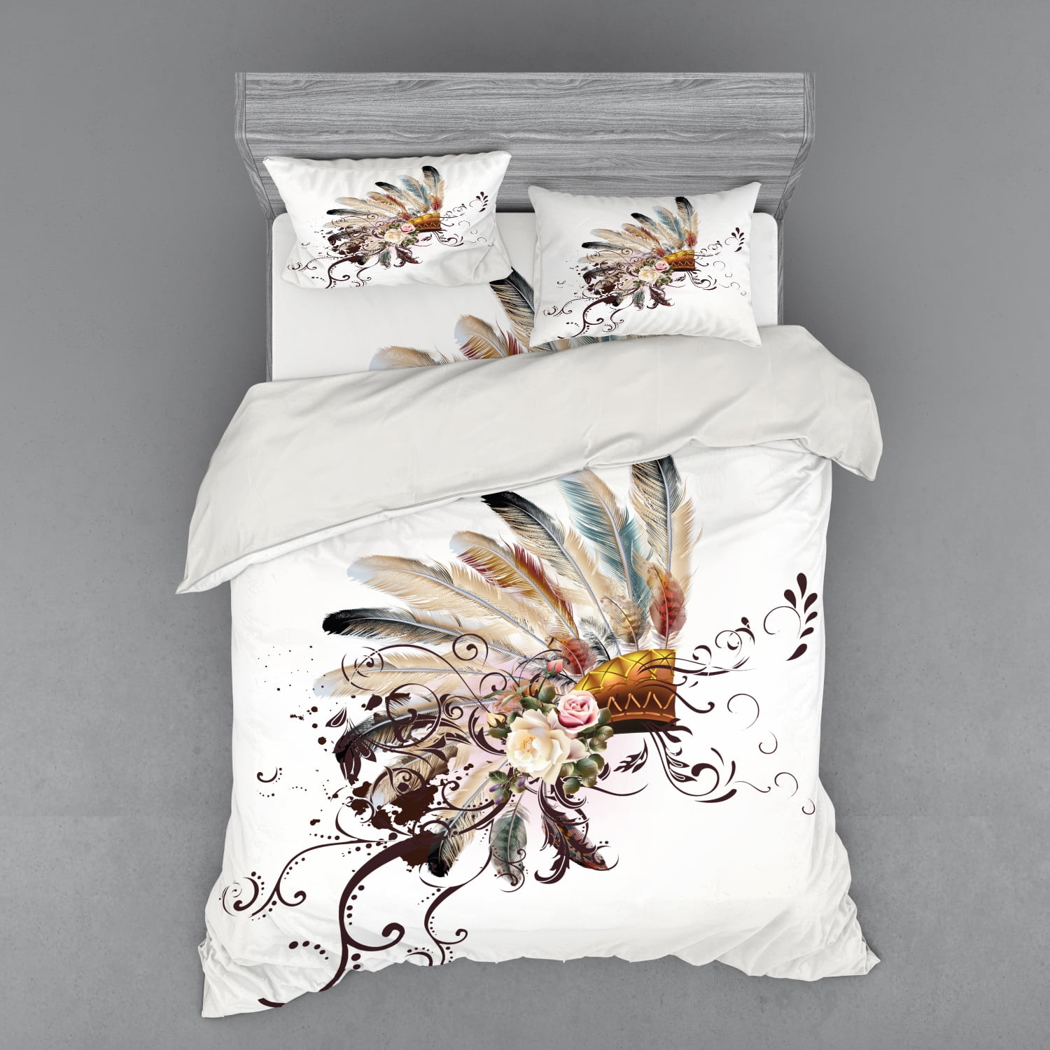 Feather Duvet Cover Set, Floral Arrangements Head Wear Flowers Swirls