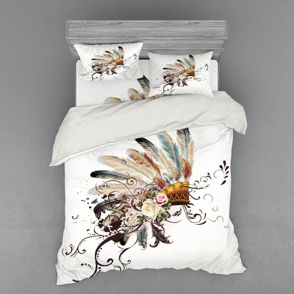 Feather Duvet Cover Set, Floral Arrangements Head Wear Flowers Swirls Shapes, Bedding Set with Shams and Fitted Sheet, 3 Sizes, by Ambesonne