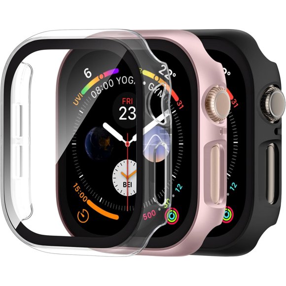 Yanonmyfd 3 Piezas Funda de Cristal Templado para Apple Watch 40mm iWatch SE Series 6/5/4, Cara de PC Duro Cubierta de Protección General Protector de Pantalla para iwatch 40mm, Negro/Azul/Plata