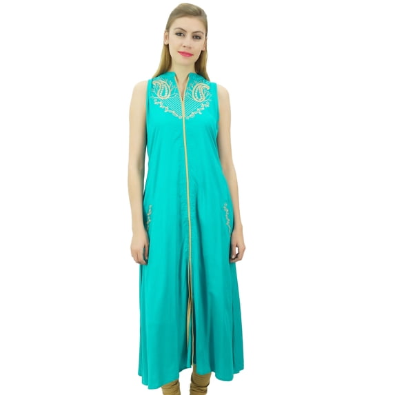 Bimba Women's Designer Sleeveless Turquoise Embroidered A-Line Kurta Kurti-10