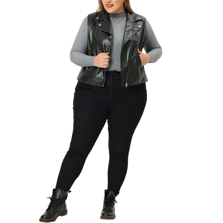 Unique Bargains Women s Plus Size Leather Zip Up Notch Lapel