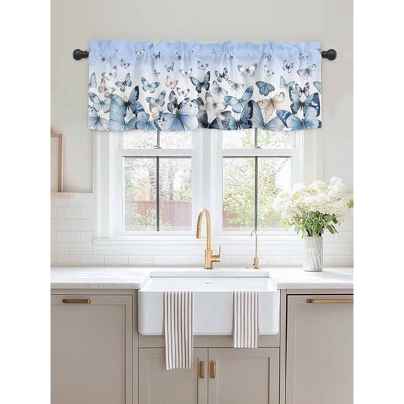 Kitchen Valances for Window, Wild Winds Butterflies Light Filtering Rod Pocket Valance Curtain, Blue Gradients Butterfly Short Curtains Window Topper for Bedroom Bathroom Living Room 54x18in