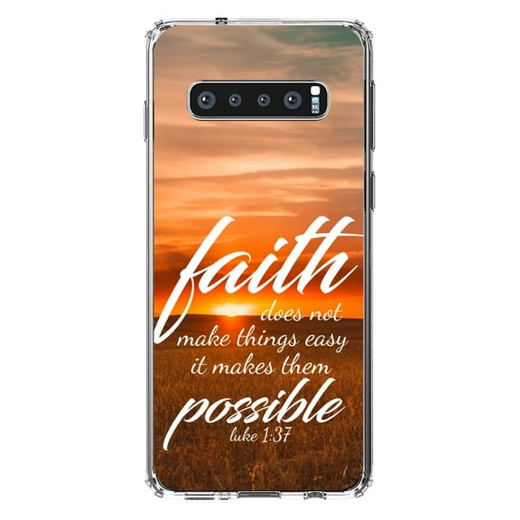 DistinctInk Clear Shockproof Hybrid Case for Samsung Galaxy S10 (6.1" Screen) - TPU Bumper, Acrylic Back, Tempered Glass Screen Protector - Luke 1:37 - Faith Does Not Make Easy Makes Possible