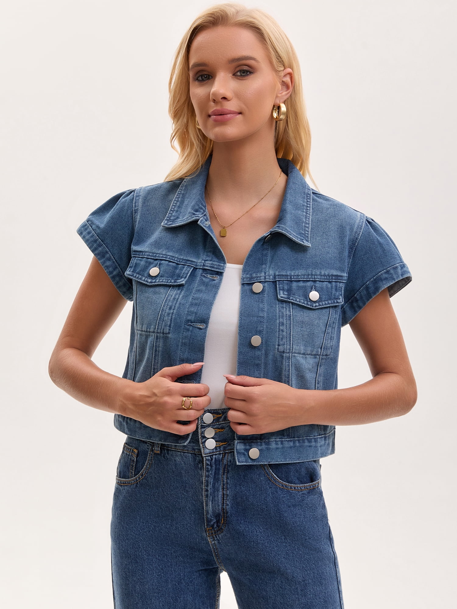 DARING DIVA Women's Cropped Cap Sleeve Button Down Collared Jean Jacket L Blue