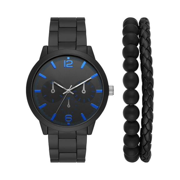 George Men's Watch Set: Black Case, Black Dial, Black 3 Link Bracelet, 2 Acessory Bracelets (FMDXGE039)