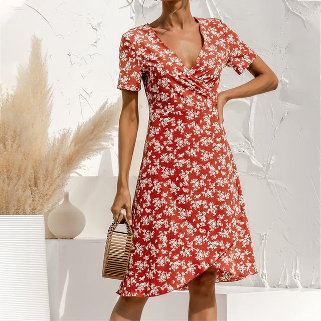 CEHVOM Robe à Imprimé Floral pour Femmes, Col en V, Manches Courtes, Lacée, pour Fête Ou Plage