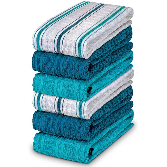 DecorRack 6 Large Kitchen Towels, 100% Cotton, 16 x 27 inches, White and Turquoise (6 Pack)