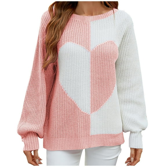 Odeerbi Sweaters For Women Fall Winter Knit Sweater Long Sleeved Round Neck Solid Love Print Long Sleeves 2025 Casual Pullover Top Pink