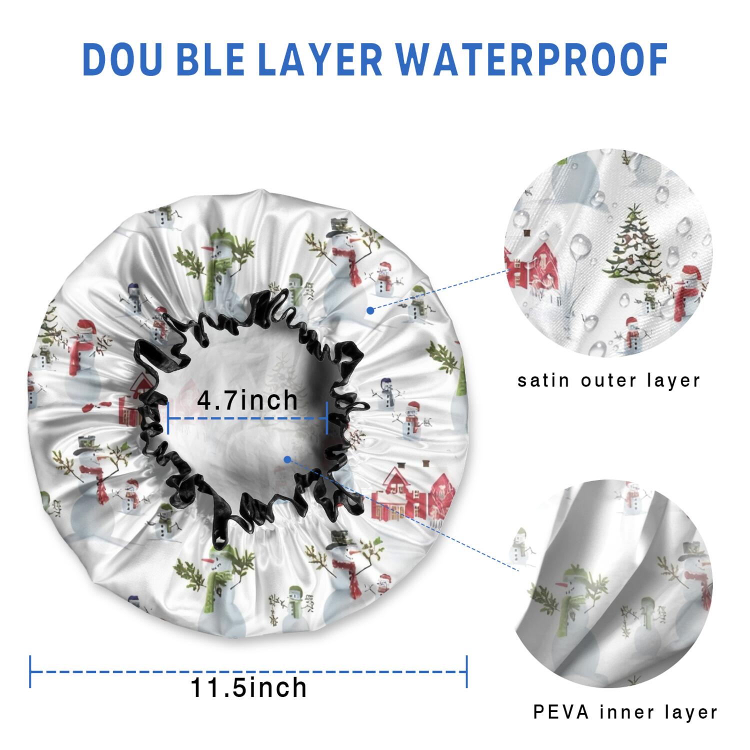 Shower Caps,White Christmas Snowman Pattern Waterproof Shower Cap for Women 4 Pieces,Double Reusable Hair Cover for Shower PEVA Elastic Stretch Hem