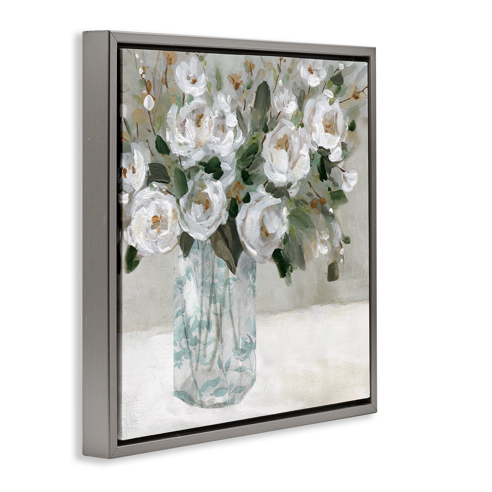 Stupell Industries Lovely White Roses Plants & Flowers Painting Gray Floater Framed Canvas Art Print Wall Art, 18 x 18