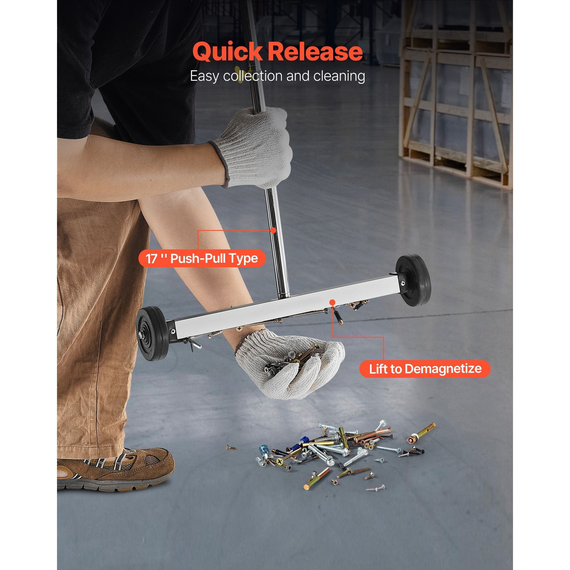 Magnetic Sweeper 17 Inch, 10 lbs Capacity with Telescoping Handle 17.52-40.94 Inch, Ergonomic Rubber Handle, 2.95 Inch Wheels for Garage Construction Sites